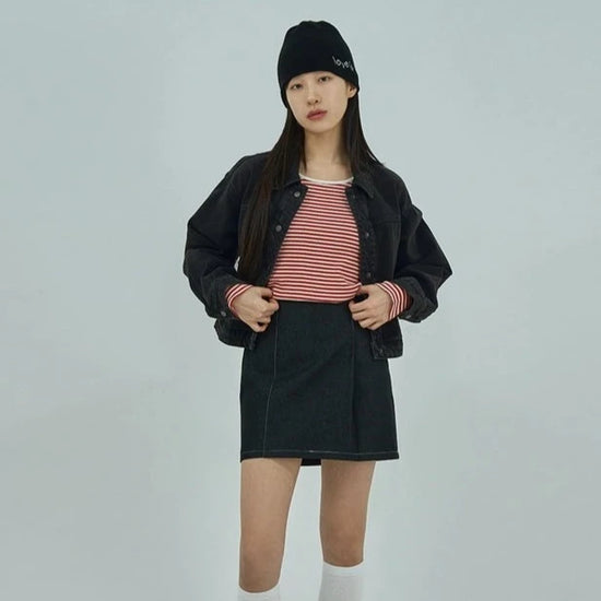STITCH DENIM MINI SKIRT BLACK