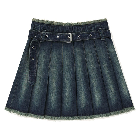 BUCKLE DENIM PLEATS SKIRT BLUE