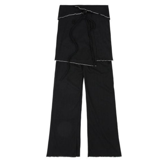 RUFFLE LAYERED SKIRT SLIT PANTS BLACK