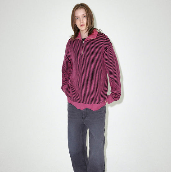 CUTTING CONTRAST HALF ZIP-UP KNIT PINK