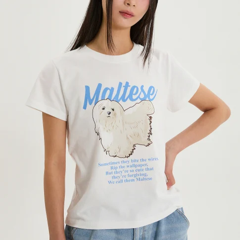 MALTESE ILLUSTRATION HALF SLEEVE T-SHIRT WHITE