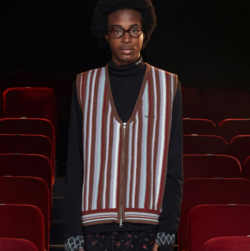 STRIPE ZIP KNIT VEST BROWN