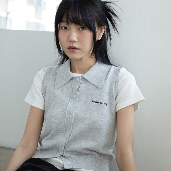 EMBROIDERED COLLAR KNIT VEST M/GREY