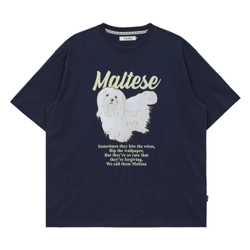 MALTESE ILLUSTRATION HALF SLEEVE T-SHIRT NAVY