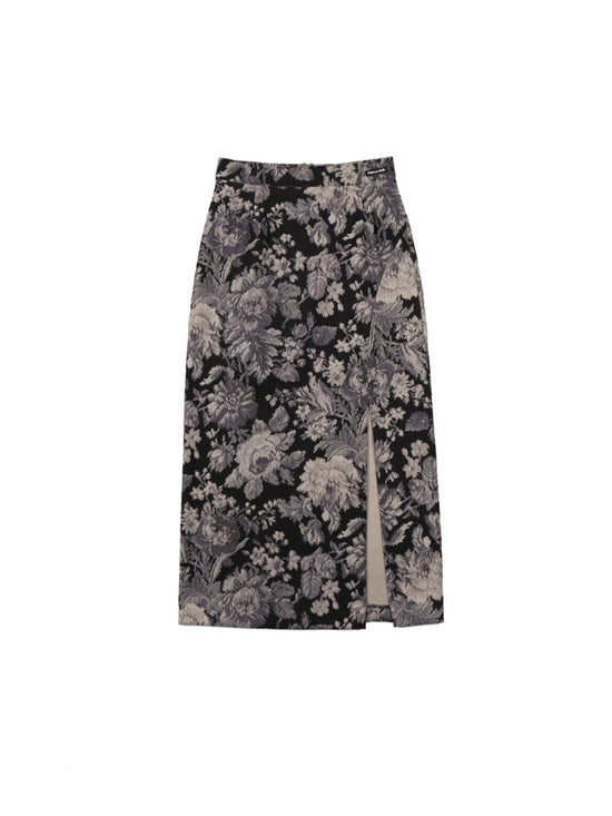 FLOWER PATTERN SLIT LONG SKIRT BLACK