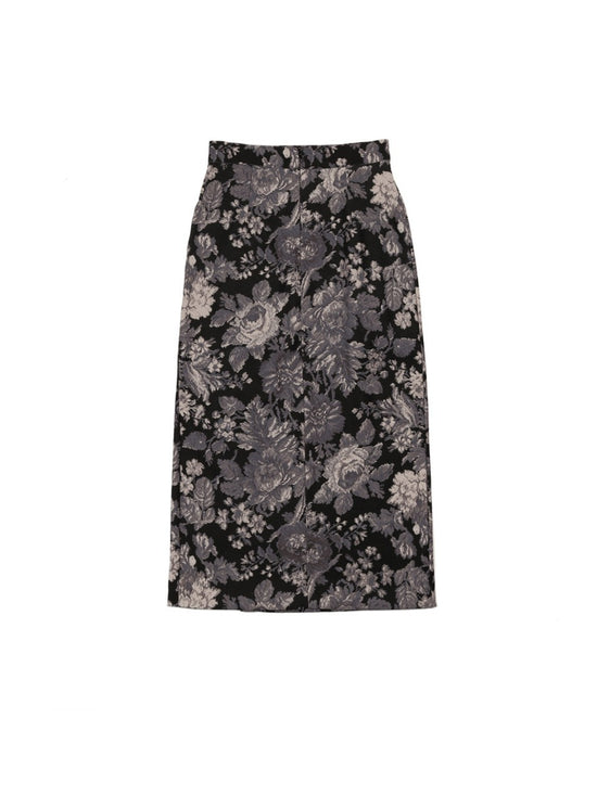 FLOWER PATTERN SLIT LONG SKIRT BLACK