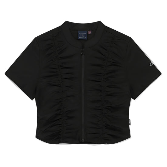 SHIRRING COTTON ZIP UP BLACK