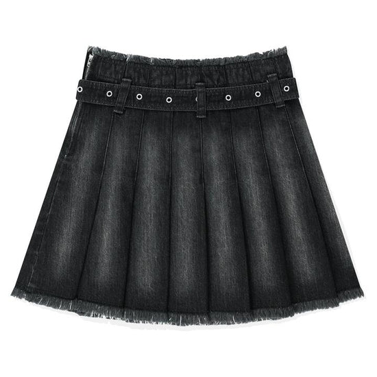 BUCKLE DENIM PLEATS SKIRT BLACK