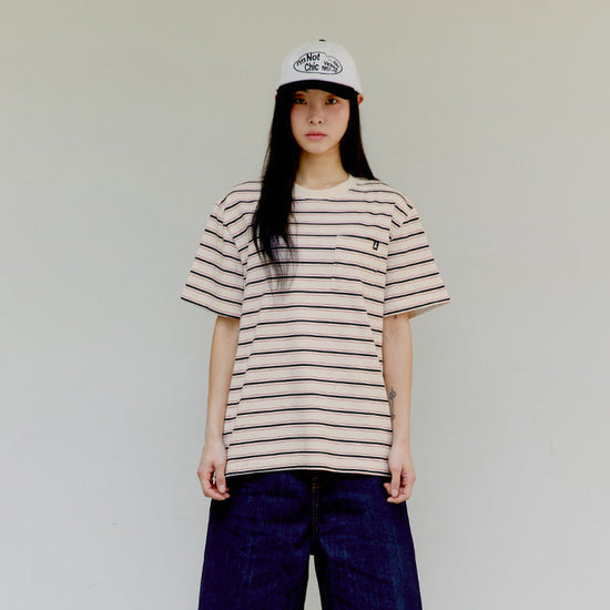 ALAND A LOGO STRIPED POCKET T-SHIRT IVORY