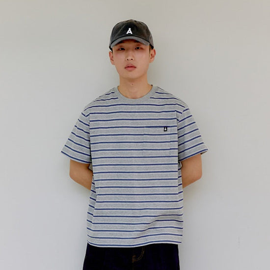 ALAND A LOGO STRIPED POCKET T-SHIRT M/GREY