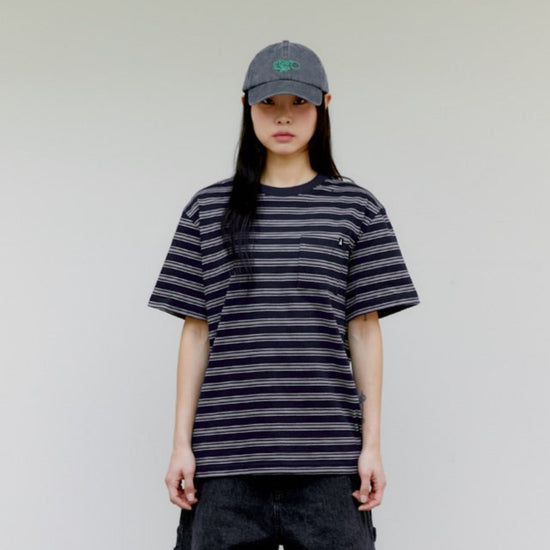 ALAND A LOGO STRIPED POCKET T-SHIRT NAVY