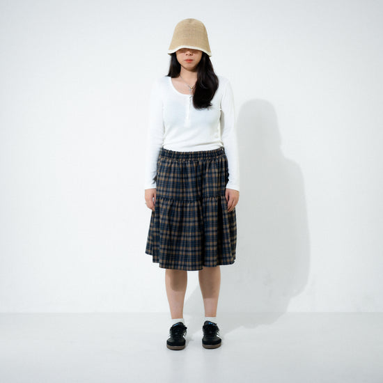 BANDING MIDI CHECK SKIRT NAVY