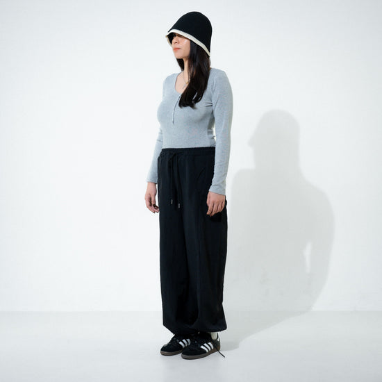 BUTTON-UP U NECK TOP MELANGE GREY