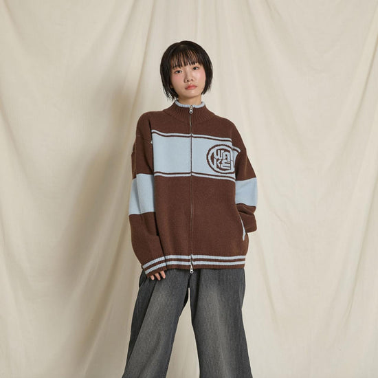 COLOR BLOCK LOGO ZIP-UP CARDIGAN BROWN