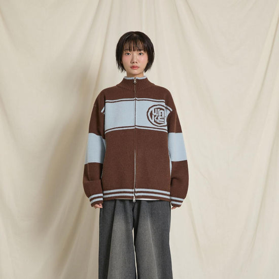 COLOR BLOCK LOGO ZIP-UP CARDIGAN BROWN