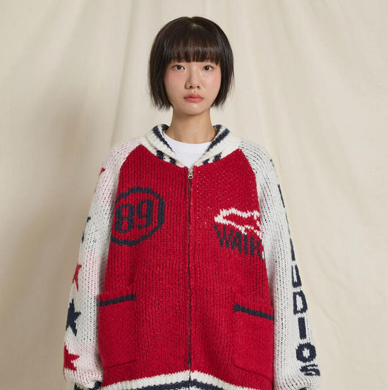 DOLPHIN STAR LOGO ZIP-UP HEAVY CARDIGAN RED