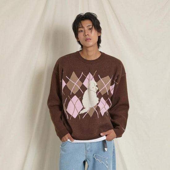 MALTESE ARGYLE CREWNECK KNIT BROWN