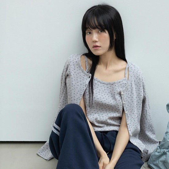 LABEL PUNCHED CARDIGAN SET MELANGE GREY