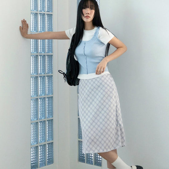 BREEZE AIRY CHECK MIDI SKIRT L/BLUE
