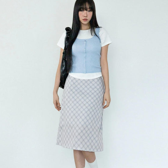 BREEZE AIRY CHECK MIDI SKIRT L/BLUE