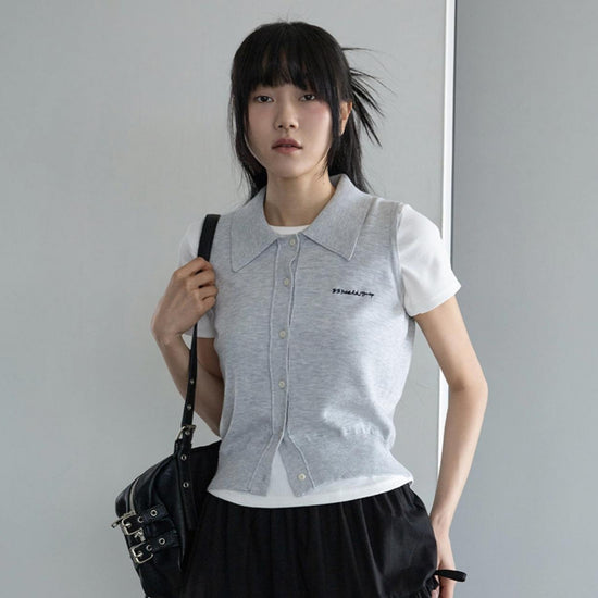 EMBROIDERED COLLAR KNIT VEST M/GREY