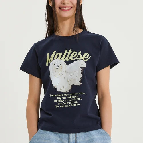 MALTESE ILLUSTRATION HALF SLEEVE T-SHIRT NAVY