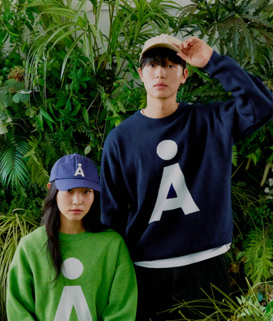 ALAND A LOGO JACQUARD KNIT PULLOVER NAVY