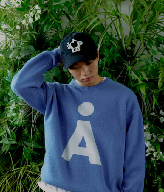 ALAND A LOGO JACQUARD KNIT PULLOVER BLUE