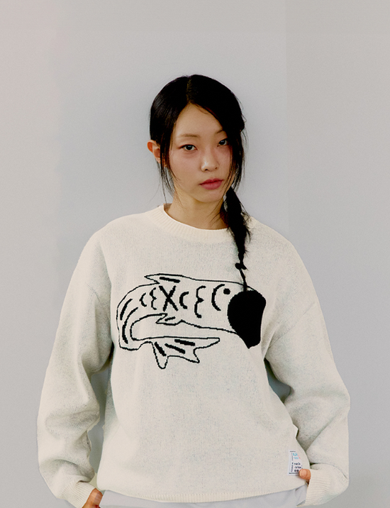 ALAND FISH LOGO JACQUARD KNIT PULLOVER CREAM