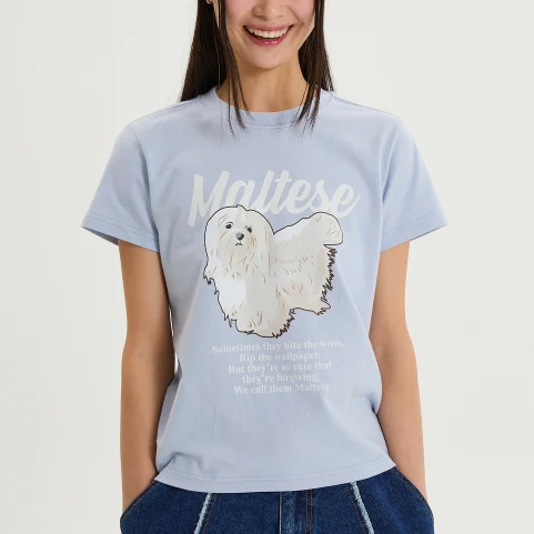 MALTESE ILLUSTRATION HALF SLEEVE T-SHIRT SKY BLUE