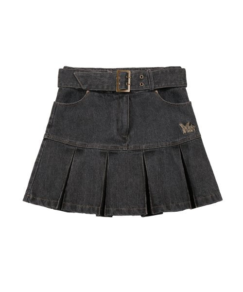 DENIM PLEATS BELT SKIRT BLACK