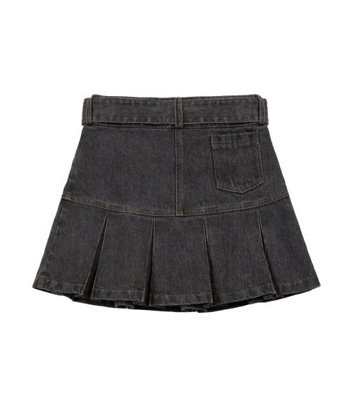 DENIM PLEATS BELT SKIRT BLACK