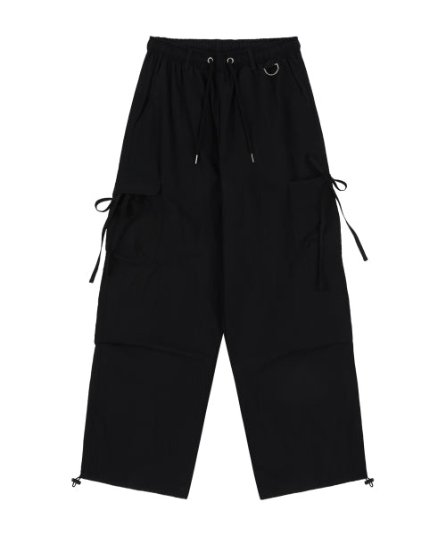 RIBBON CARGO PARACHUTE PANTS BLACK