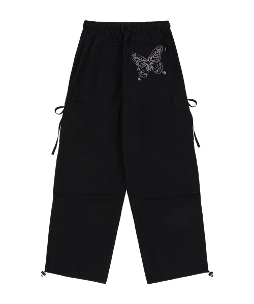 RIBBON CARGO PARACHUTE PANTS BLACK