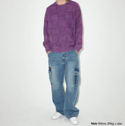 PIGMENT CHECKERBOARD KNIT SWEATER PURPLE