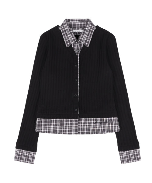 CHECK SHIRT LAYERED CARDIGAN BLACK