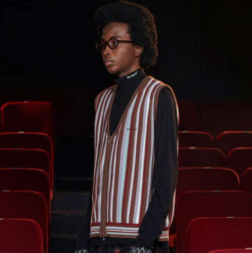 STRIPE ZIP KNIT VEST BROWN