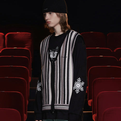 STRIPE ZIP KNIT VEST BLACK