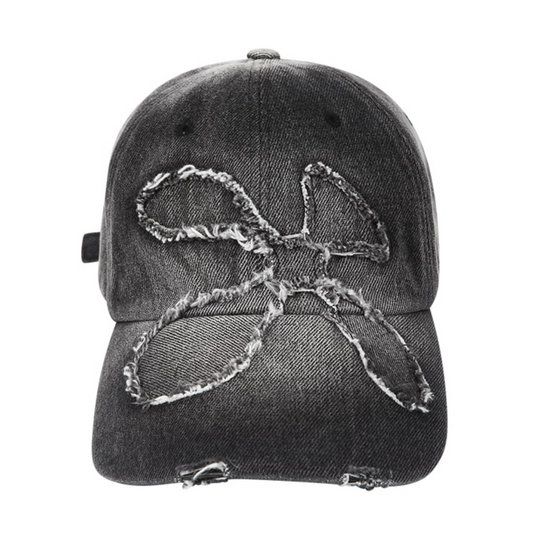 DISTRESSED DENIM BALL CAP BLACK