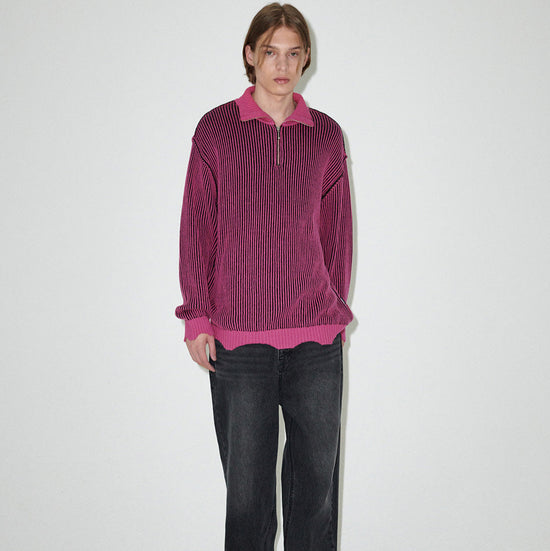 CUTTING CONTRAST HALF ZIP-UP KNIT PINK