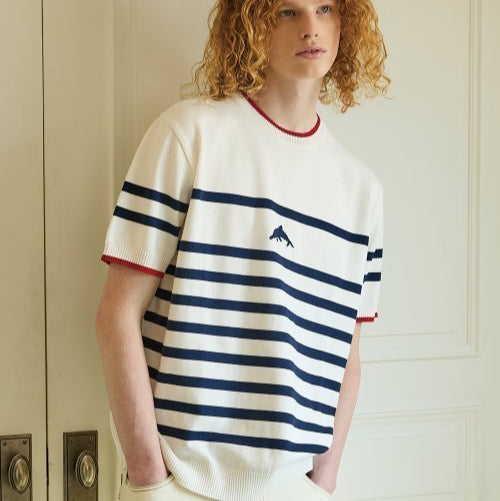 DOLPHIN STRIPE HALF SLEEVE KNIT IVORY