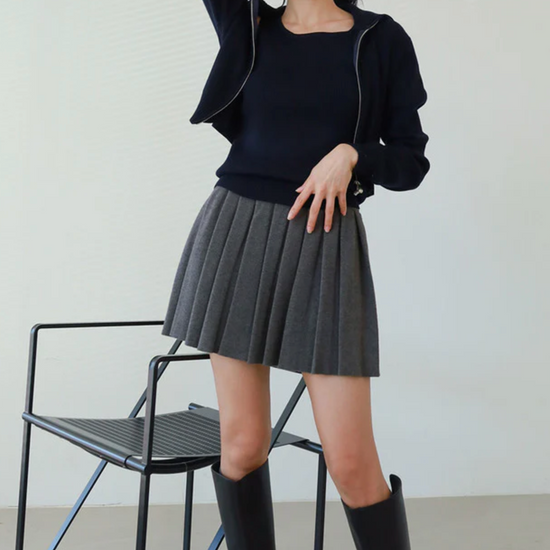 PLEATS BANDING KNIT SKIRT CHARCOAL