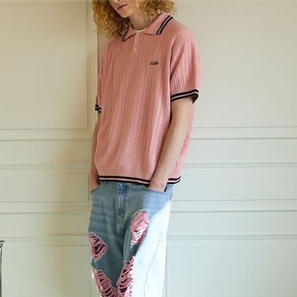 LINE COLLAR HALF SLEEVE KNIT PINK