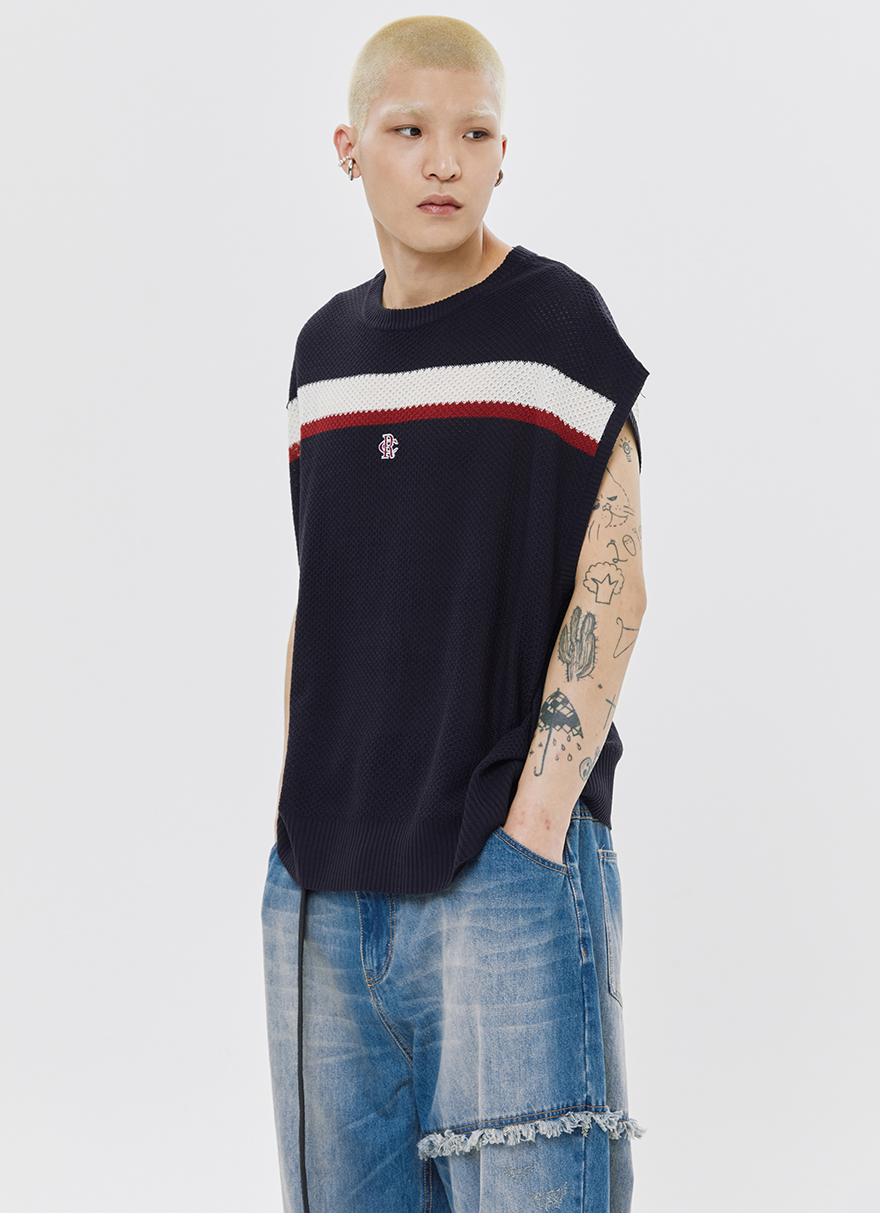 ROMANTIC CROWN★Unisex★DOUBLE LINE WAFFLE KNIT VEST♪ BUY ROMANTIC CROWN Vest DOUBLE LINE WAFFLE KNIT VEST NAVY
