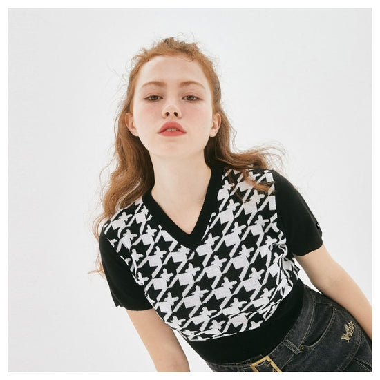 HOUND TOOTH CHECK CROP KNIT TEE  BLACK