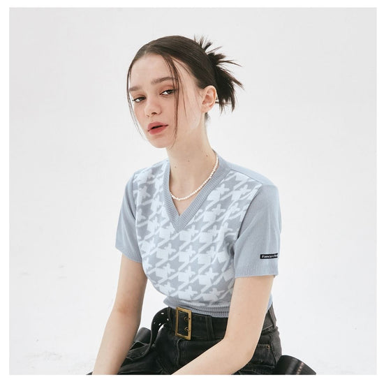 HOUND TOOTH CHECK CROP KNIT TEE  SKY BLUE