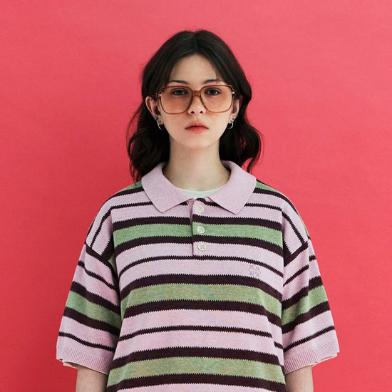 STRIPE KNIT POLO SHIRT PINK