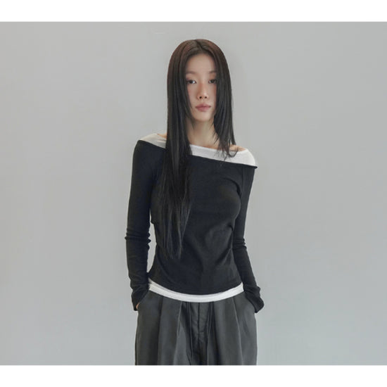 SHEER CONTRAST BOATNECK TEE BLACK