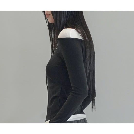 SHEER CONTRAST BOATNECK TEE BLACK