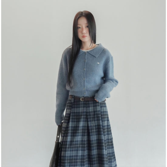 FLUFFY COLLAR KNIT CARDIGAN LIGHT BLUE